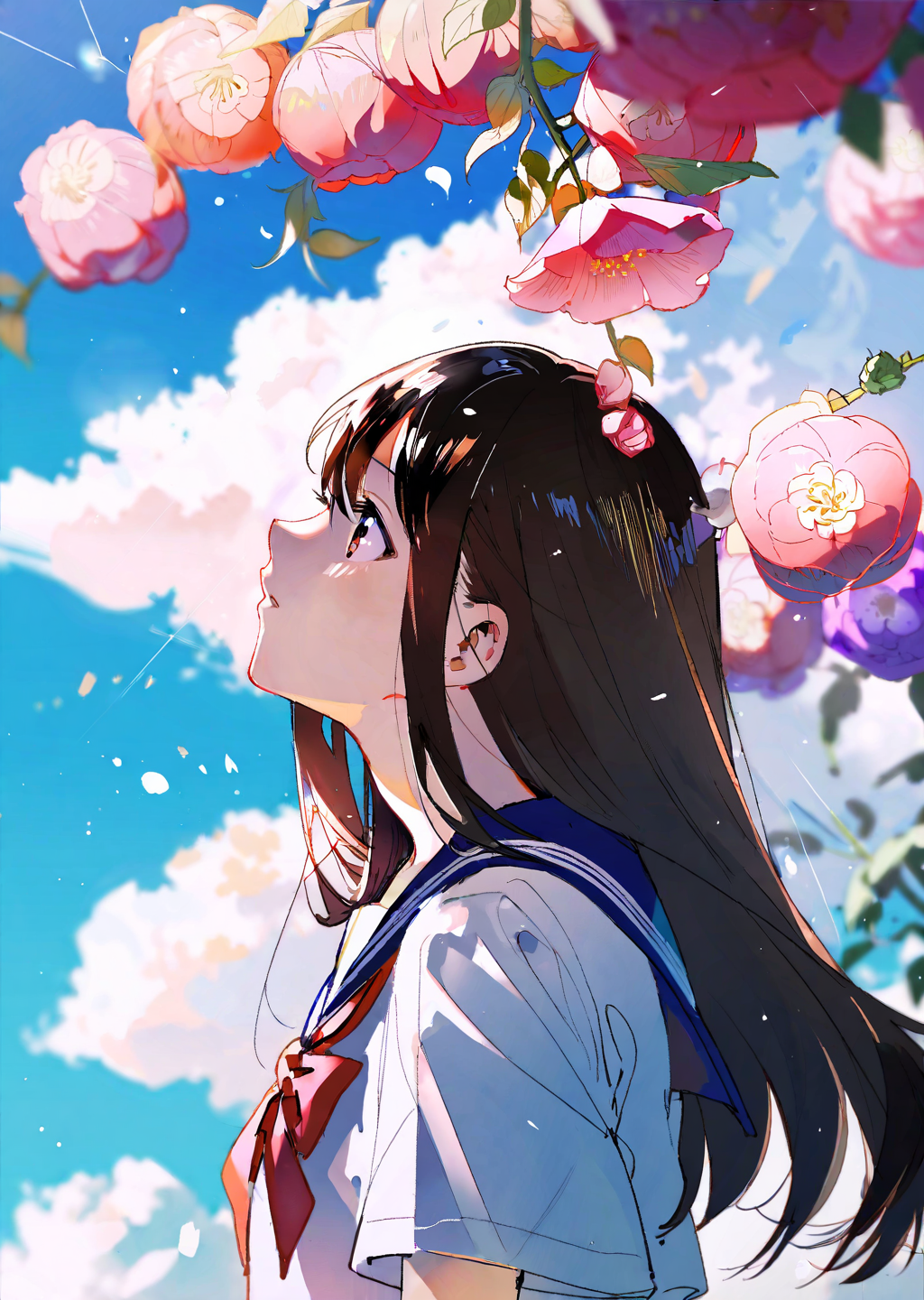 Hitagi Senjougahara 
 by sushi0831  by  by rella
1girl, solo, flower, long hair, outdoors, letterboxed, school uniform, day, sky, looking up, short sleeves, parted lips, shirt, cloud, black hair, sunlight, white shirt, serafuku, upper body, from side, pink flower, blurry, brown hair, blue sky, depth of field
masterpiece, best quality, high quality, highres, absurdres, very detailed, high resolution, sharp, sharp image, 8k, vivid,   stunning, anime, aesthetic