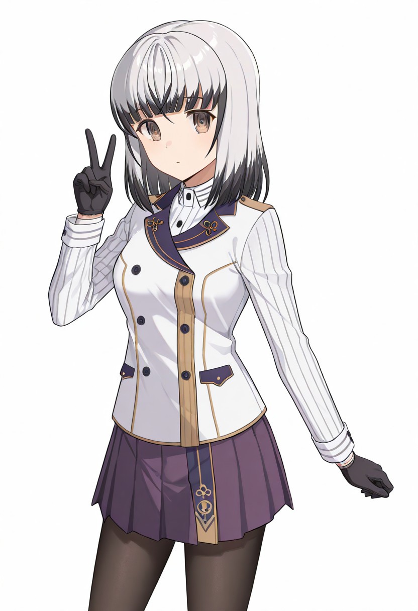 (satsuki yomi \(toji no miko\), white hair, grey hair, black hair, short hair, medium hair, multicolored hair, two-tone hair, bangs, brown eyes), (shirt, military uniform, uniform, jacket, white jacket, long sleeves, gloves, black gloves, skirt, purple skirt, pleated skirt, pantyhose, black pantyhose, portrait), (standing, V sign, peace sign, looking at viewer), simple background, white background, BREAK cute, pretty, stable contrast, (perfect eyes, perfect anatomy, perfect hands:1.2), (score_9, score_8 up, score_7 up, source_anime, masterpiece, best quality, high quality, amazing quality, very aesthetic, absurdres:1.4),