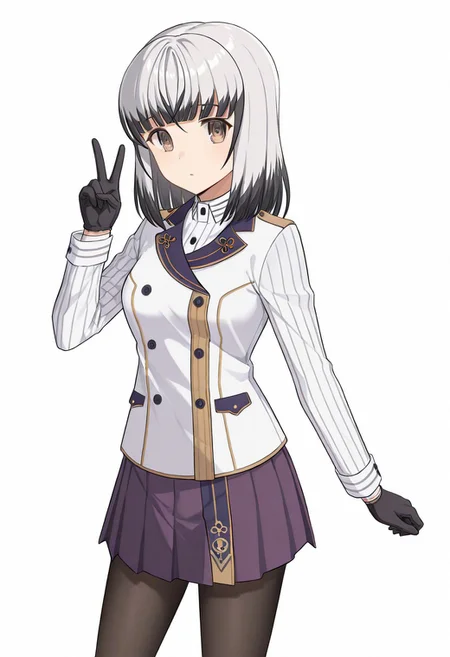(satsuki yomi \(toji no miko\), white hair, grey hair, black hair, short hair, medium hair, multicolored hair, two-tone hair, bangs, brown eyes), (shirt, military uniform, uniform, jacket, white jacket, long sleeves, gloves, black gloves, skirt, purple skirt, pleated skirt, pantyhose, black pantyhose, portrait), (standing, V sign, peace sign, looking at viewer), simple background, white background, BREAK cute, pretty, stable contrast, (perfect eyes, perfect anatomy, perfect hands:1.2), (score_9, score_8 up, score_7 up, source_anime, masterpiece, best quality, high quality, amazing quality, very aesthetic, absurdres:1.4),