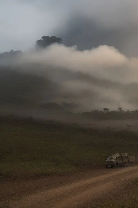 dark cloud, dark sky, dirt, fog, grass, gravel, heavy black smoke, mountain, mud, soldier in a rainforest, thick smoke, trees, tundra, white smoke Soldiers on high alert navigate the dense rainforest of a warzone, Moonlit Shadows, Dirt, Survival, Explosions, Tension, Shattered Fragments, surrounded by swirling smoke and debris. The terrain, Searing Heat, War-Torn, Military Operation, Emergency Services, Dystopia, Darkness, the soldiers remain vigilant, Conflict