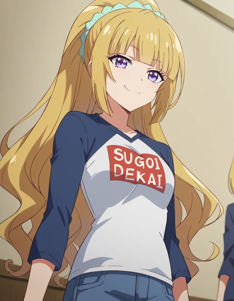 score_9, score_8_up, score_7_up, source_anime, keikaruizawa, <lora:kei-karuizawa-anime-s2-ponyxl-lora-nochekaiser:1>, kei karuizawa, long hair, bangs, blunt bangs, purple eyes, blonde hair, hair ornament, ponytail, scrunchie, blue scrunchie,, <lora:sugoi-dekai-ponyxl-lora-nochekaiser:1>, sugoi dekai, clothes writing, raglan sleeves, t-shirt, denim, denim skirt,, indoors, smile, smug,, cowboy shot, dutch angle,