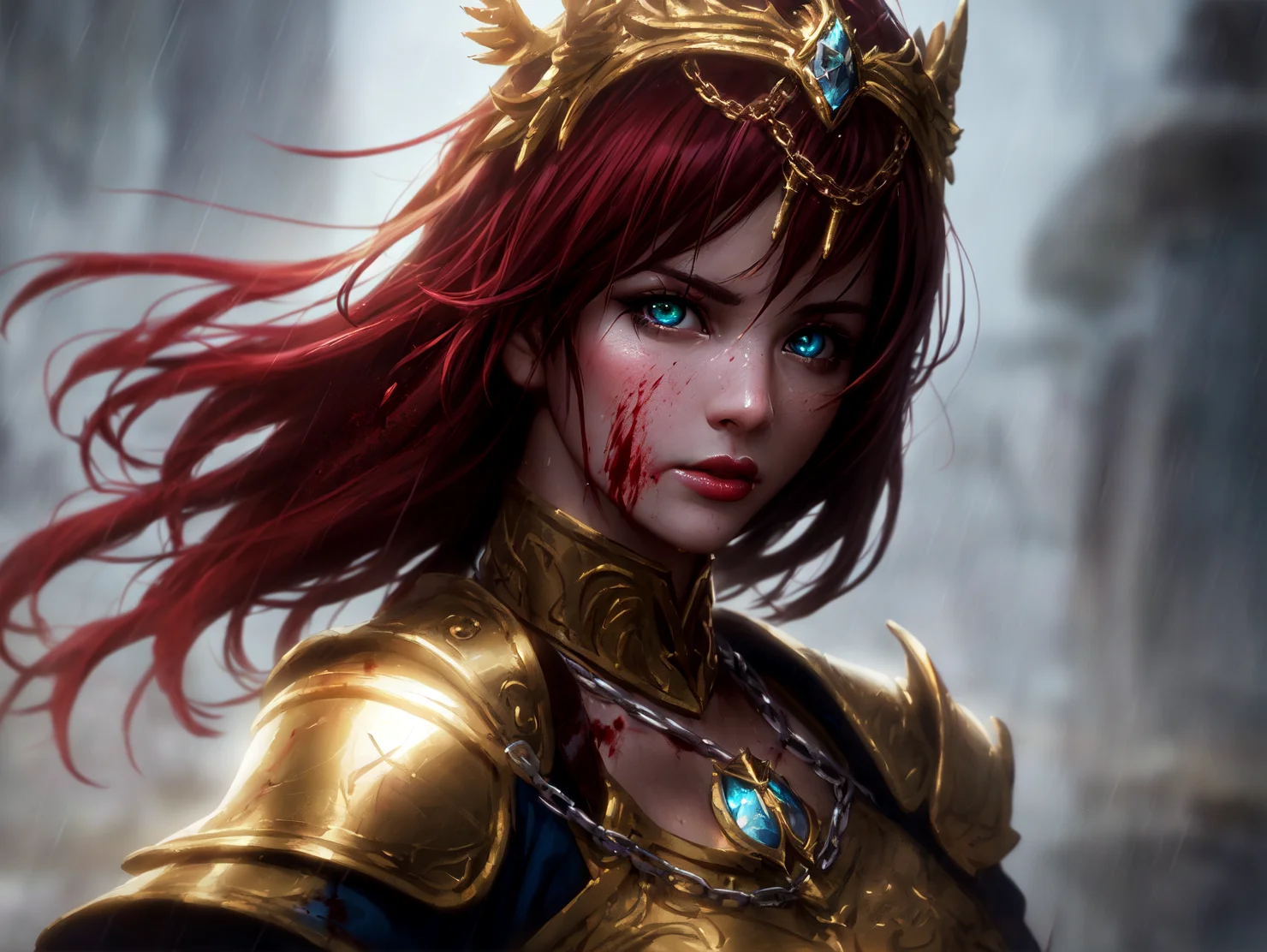 best quality, cinematic lighting, painting, fine art, 1girl, solo, rain, lips, red hair, armor, headpiece, looking at viewer, gauntlets, (blood:1.2), blurry, chain, upper body, nose, gloves, closed mouth, capelet, depth of field, short hair, armored dress, blood on face, glowing green eyes, blurry background
cowboy shot, contrapposto, looking at viewer, highres, superb, 8k wallpaper, extremely detailed, intricate, unreal engine 5, volumetric lighting, realistic, realistic lighting, cinematic, 4k, cinematic lighting, 8k, depth of field, 3d, masterpiece, perfect, award-winning, hyper-detailed, photorealistic, ultra realistic, realistic light, hard lighting, intricate details, stop motion, hyperfocus, tonemapping, sharp focus, hyper detailed, detailed eyes, eyes focus, (illustration:1.1), highres, (extremely detailed CG unity 8k wallpaper:1.1), (mid shot1.25), (portrait:1.25), (solo:1.2), 1girl, (beautiful face:1.15),
(nixeu_soft:0.7), (nixeu_white:0.7),