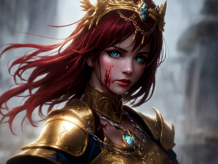 best quality, cinematic lighting, painting, fine art, 1girl, solo, rain, lips, red hair, armor, headpiece, looking at viewer, gauntlets, (blood:1.2), blurry, chain, upper body, nose, gloves, closed mouth, capelet, depth of field, short hair, armored dress, blood on face, glowing green eyes, blurry background
cowboy shot, contrapposto, looking at viewer, highres, superb, 8k wallpaper, extremely detailed, intricate, unreal engine 5, volumetric lighting, realistic, realistic lighting, cinematic, 4k, cinematic lighting, 8k, depth of field, 3d, masterpiece, perfect, award-winning, hyper-detailed, photorealistic, ultra realistic, realistic light, hard lighting, intricate details, stop motion, hyperfocus, tonemapping, sharp focus, hyper detailed, detailed eyes, eyes focus, (illustration:1.1), highres, (extremely detailed CG unity 8k wallpaper:1.1), (mid shot1.25), (portrait:1.25), (solo:1.2), 1girl, (beautiful face:1.15),
(nixeu_soft:0.7), (nixeu_white:0.7),