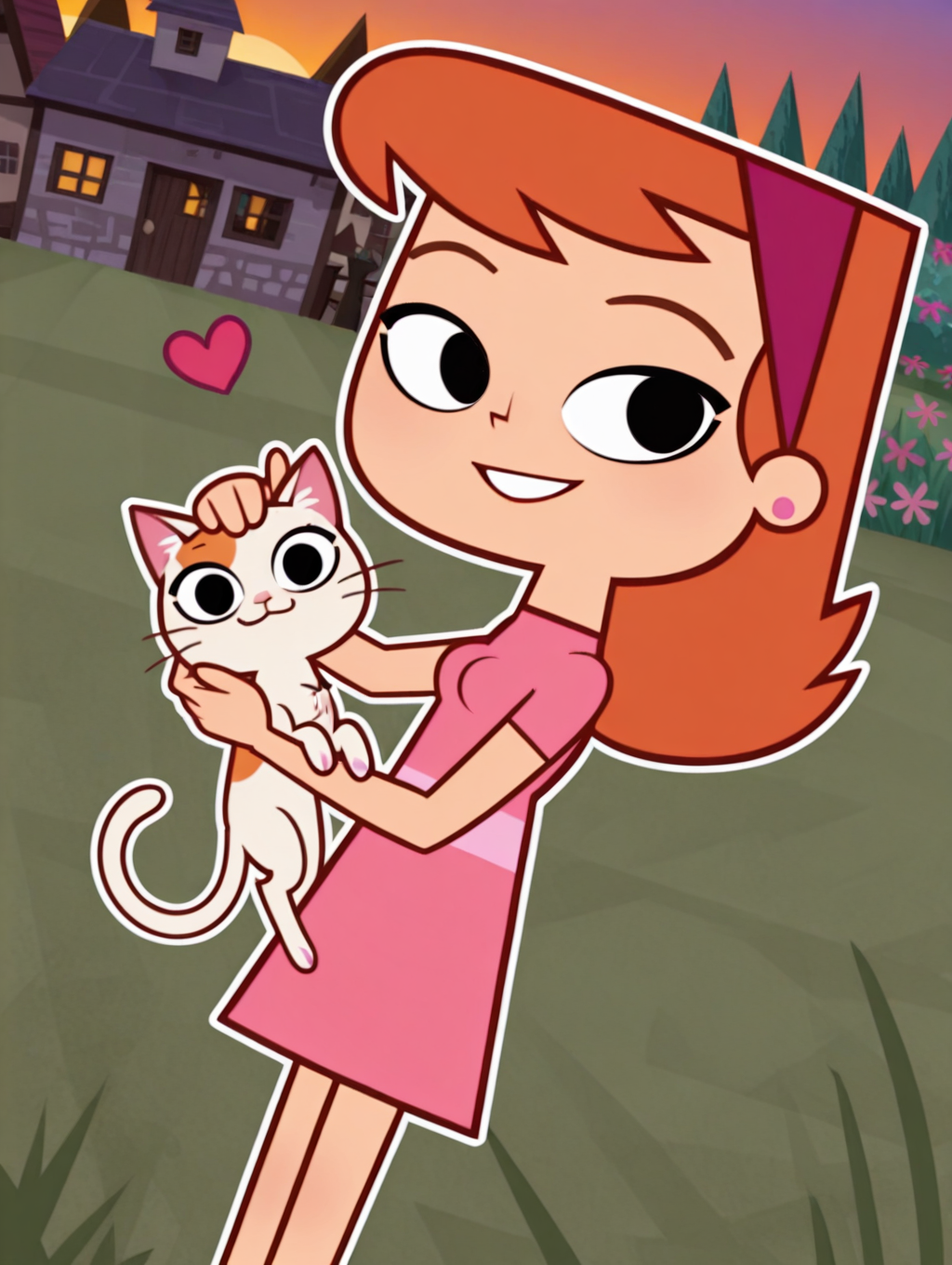 VanaGlamaZYN, 1girl, solo, hairband, dress, black eyes, jewelry, earrings, pink dress, orange hair, standing, long hair, breasts, cowboy shot, looking at viewer, beautiful, ((beautiful face, beautiful eyes)), outdoors,town,house,sunset,petting,garden,grass,flowers,(((3 cats))),kitten,orange_cat,black_cat,white_cat,dutch angle, beautiful, ((beautiful face, beautiful eyes)), (smile, dutch angle,naughty pose, cute, heart, petite, solo, dynamic pose, full_body, head tilt,),((white outline)), from above,(((from side:1.5))),