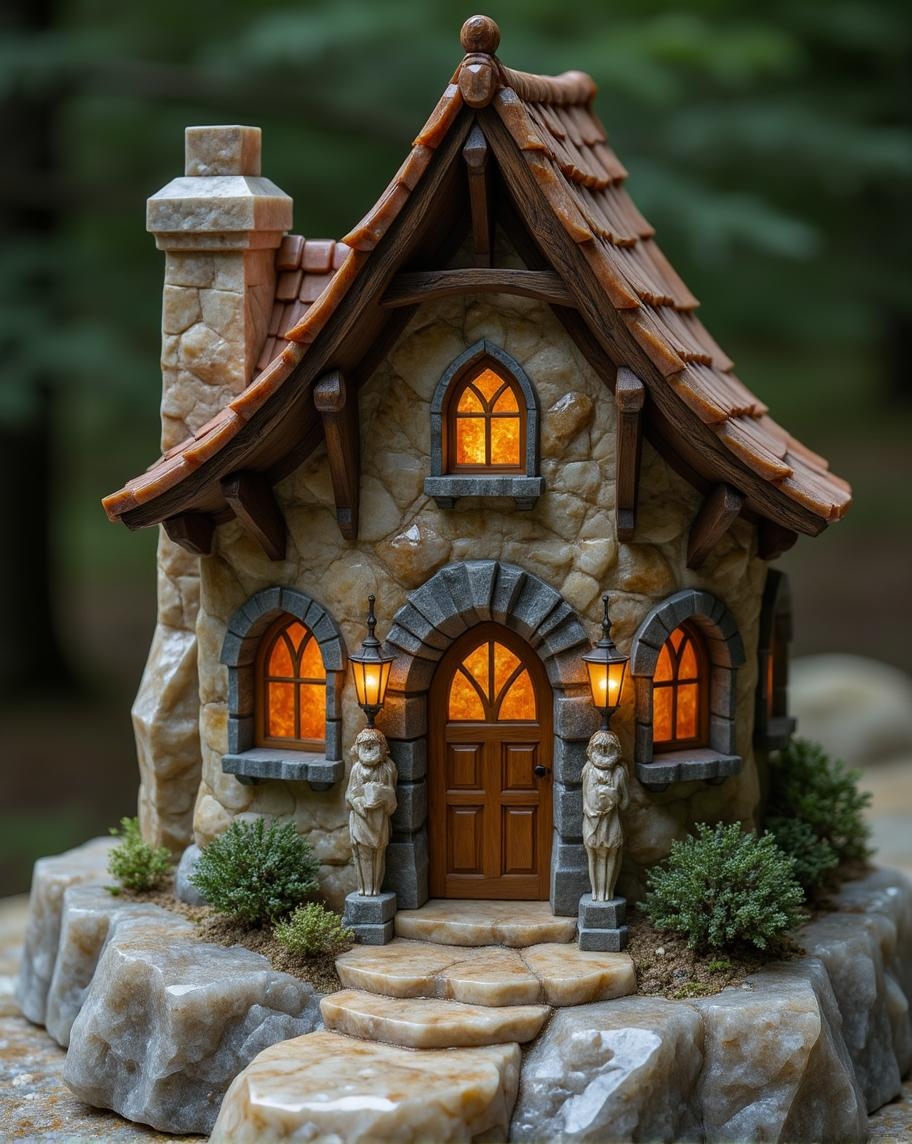 <lora:ck-polygon-gems-0019.safetensors:1> a crafted gemstone model in the style of cklg featuring a
In the heart of a forgotten corner, a diminutive abode stands as a testament to ancient craftsmanship. The cobblestone path, meticulously laid with light beige and rustic brown stones, meanders gracefully towards the fairy house, its surface polished by the gentle tread of countless unseen feet. The house itself, a marvel of intricate design, is crafted from materials that carry the patina of time. Arched windows, framed in delicate wood, shimmer with the soft light of ethereal lanterns, their panes reflecting the warm golds and glowing fiery reds of a bygone era.
The gabled roof, clad in aged tiles, rises to a peak adorned with ornate finials. Side lighting casts an ethereal glow, accentuating the contours and textures of the timber beams and stone masonry. Each fold and crease in the fabric draperies, each muscle and sinew in the finely carved statues that flank the entrance, are rendered with extraordinary detail, as if frozen in a moment of timeless enchantment.
The scene is imbued with a mystical and regal atmosphere, the rich, earthy color palette softened to evoke an ancient quality. The interplay of light and shadow creates a chiaroscuro effect, adding depth and drama. Fabric and anatomy, whether in the draperies or the stone carvings, are portrayed with lifelike precision, showcasing the balance between realism and fantasy. This miniature haven, with its whimsical charm, stands as a symbol of a mythical, otherworldly elegance, inviting the viewer to step into a realm where the ordinary transcends into the extraordinary.