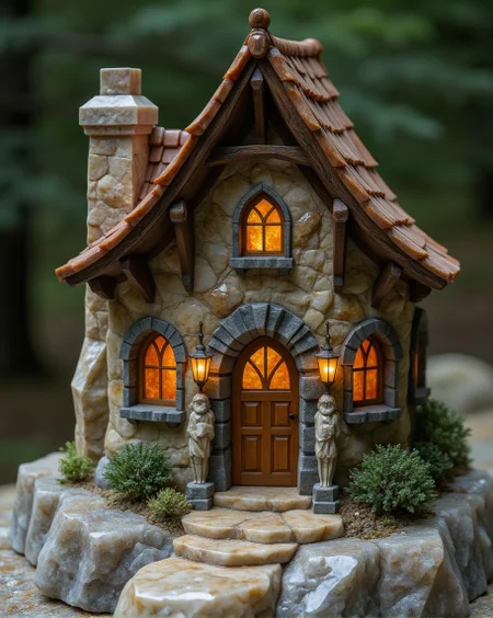 <lora:ck-polygon-gems-0019.safetensors:1> a crafted gemstone model in the style of cklg featuring a
In the heart of a forgotten corner, a diminutive abode stands as a testament to ancient craftsmanship. The cobblestone path, meticulously laid with light beige and rustic brown stones, meanders gracefully towards the fairy house, its surface polished by the gentle tread of countless unseen feet. The house itself, a marvel of intricate design, is crafted from materials that carry the patina of time. Arched windows, framed in delicate wood, shimmer with the soft light of ethereal lanterns, their panes reflecting the warm golds and glowing fiery reds of a bygone era.
The gabled roof, clad in aged tiles, rises to a peak adorned with ornate finials. Side lighting casts an ethereal glow, accentuating the contours and textures of the timber beams and stone masonry. Each fold and crease in the fabric draperies, each muscle and sinew in the finely carved statues that flank the entrance, are rendered with extraordinary detail, as if frozen in a moment of timeless enchantment.
The scene is imbued with a mystical and regal atmosphere, the rich, earthy color palette softened to evoke an ancient quality. The interplay of light and shadow creates a chiaroscuro effect, adding depth and drama. Fabric and anatomy, whether in the draperies or the stone carvings, are portrayed with lifelike precision, showcasing the balance between realism and fantasy. This miniature haven, with its whimsical charm, stands as a symbol of a mythical, otherworldly elegance, inviting the viewer to step into a realm where the ordinary transcends into the extraordinary.