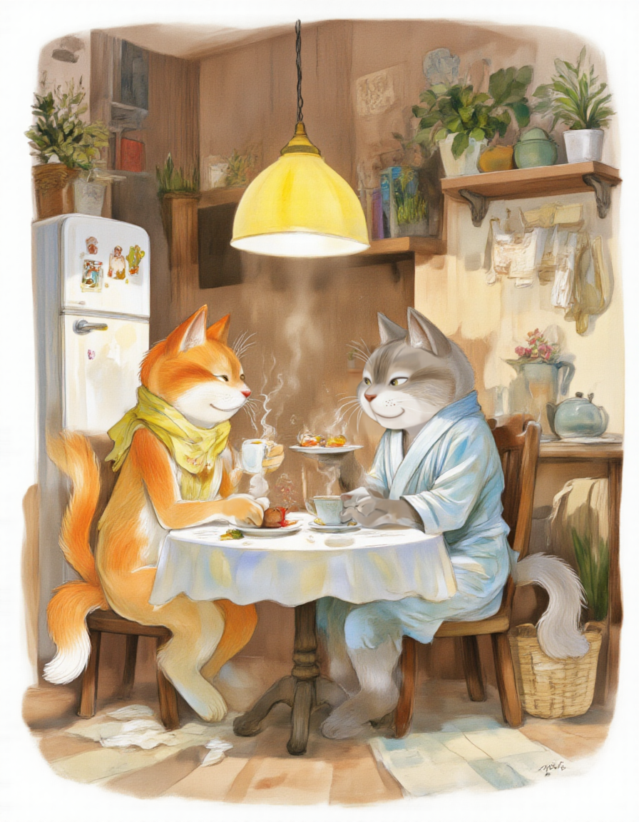 <lora:chizhic:1>,This is a colorful, detailed digital illustration featuring two anthropomorphic cats in a cozy kitchen setting. The cat on the left is orange with a white chest and tail tip, wearing a yellow scarf. The cat on the right is gray with a white chest and tail tip, dressed in a light blue bathrobe. They are seated at a small wooden table, each holding a cup of tea or coffee and a plate with food, engaging in a conversation. The table is set with a white tablecloth, and there are two small pots of flowers on the table.
The background reveals a warm, inviting kitchen. To the left, there is a white refrigerator adorned with magnets and pictures. On the counter to the right, there are a few pots, a potted plant, and a green tea kettle. Above the table, a yellow pendant lamp casts a soft light, illuminating the scene. The walls are painted a light brown, and there is a shelf with more potted plants and a few books. A woven basket filled with more plants sits to the right of the shelf. The overall atmosphere is homely and cheerful, with a sense of warmth and companionship.