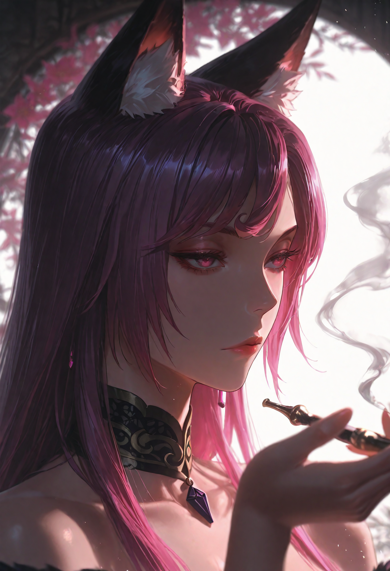 1girl, In Mei, multiple tailf, fox tails, border,expressionless,flower,hand up,holding,holding smoking pipe,hyur,kiseru,lace collar,portrait,smoke,smoking,smoking pipe,solo, white background,
(Smooth Quality - Illustrious:0.8), masterpiece,best quality,amazing quality, absurdres, (impressionism), ultra-HD, 8k, fit body, highest quality, volumetric lighting, (cinematic composition:1.3), (sharp focus:1.2), (depth of field:1.2), (adult), wide eyes, (mature female:1.2), very aesthetic, smooth image, action lines, motion lines, motion blur, (detailed face and eyes:1.3),
<lora:illustrious_quality_modifiers_masterpieces_v1:0.6>  <lora:ponyv4_noob1_2_adamW:0.4> <lora:FINALE:0.4>  <lora:I_Am_The_Fated_Villain:0.6> <lora:g0thicILL:0.4> <lora:USNR STYLE_XL_loha:0.3>