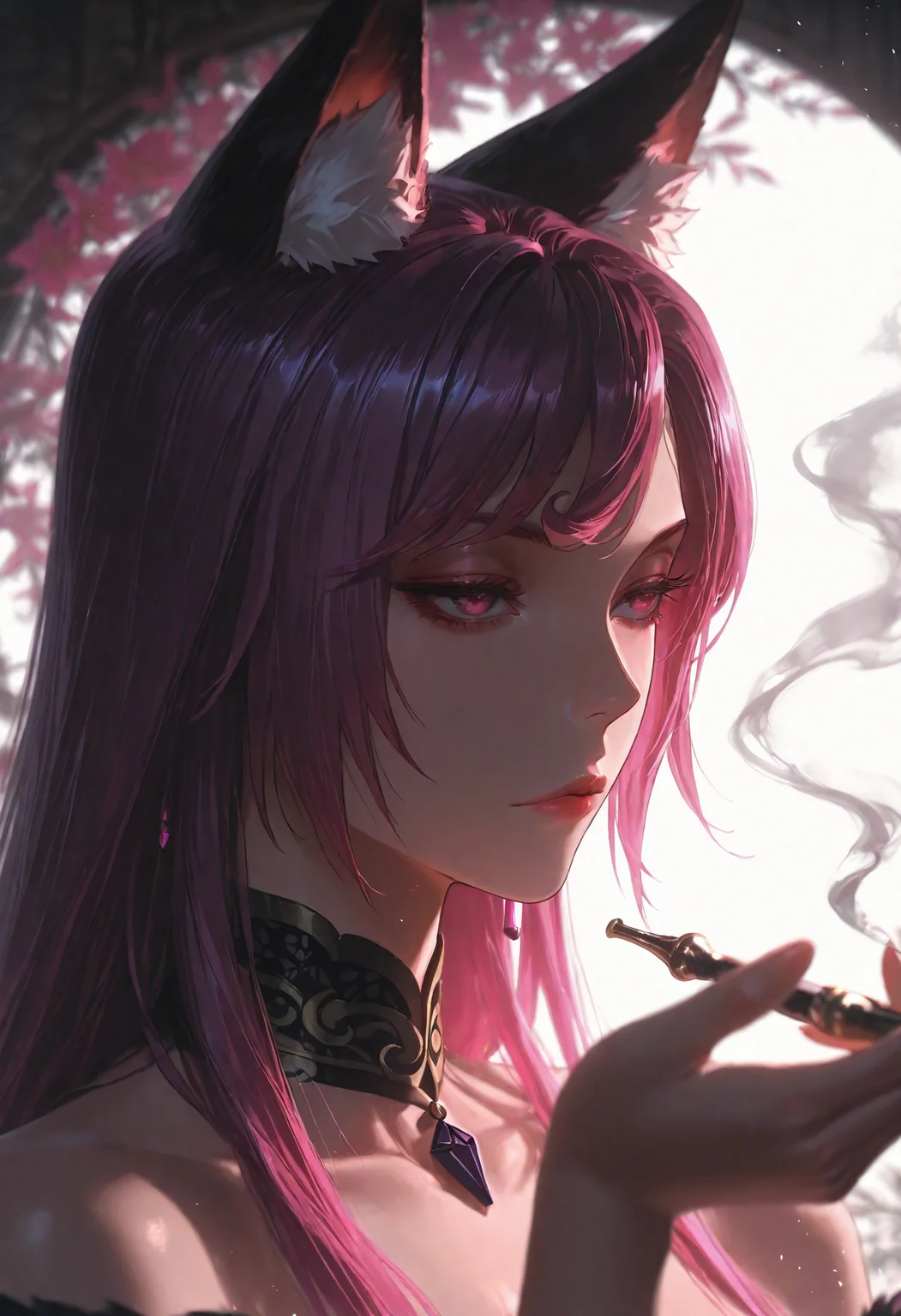 1girl, In Mei, multiple tailf, fox tails, border,expressionless,flower,hand up,holding,holding smoking pipe,hyur,kiseru,lace collar,portrait,smoke,smoking,smoking pipe,solo, white background,
(Smooth Quality - Illustrious:0.8), masterpiece,best quality,amazing quality, absurdres, (impressionism), ultra-HD, 8k, fit body, highest quality, volumetric lighting, (cinematic composition:1.3), (sharp focus:1.2), (depth of field:1.2), (adult), wide eyes, (mature female:1.2), very aesthetic, smooth image, action lines, motion lines, motion blur, (detailed face and eyes:1.3),
<lora:illustrious_quality_modifiers_masterpieces_v1:0.6> <lora:ponyv4_noob1_2_adamW:0.4> <lora:FINALE:0.4> <lora:I_Am_The_Fated_Villain:0.6> <lora:g0thicILL:0.4> <lora:USNR STYLE_XL_loha:0.3>