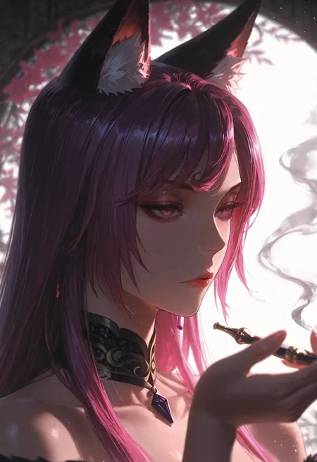 1girl, In Mei, multiple tailf, fox tails, border,expressionless,flower,hand up,holding,holding smoking pipe,hyur,kiseru,lace collar,portrait,smoke,smoking,smoking pipe,solo, white background,
(Smooth Quality - Illustrious:0.8), masterpiece,best quality,amazing quality, absurdres, (impressionism), ultra-HD, 8k, fit body, highest quality, volumetric lighting, (cinematic composition:1.3), (sharp focus:1.2), (depth of field:1.2), (adult), wide eyes, (mature female:1.2), very aesthetic, smooth image, action lines, motion lines, motion blur, (detailed face and eyes:1.3),
<lora:illustrious_quality_modifiers_masterpieces_v1:0.6> <lora:ponyv4_noob1_2_adamW:0.4> <lora:FINALE:0.4> <lora:I_Am_The_Fated_Villain:0.6> <lora:g0thicILL:0.4> <lora:USNR STYLE_XL_loha:0.3>