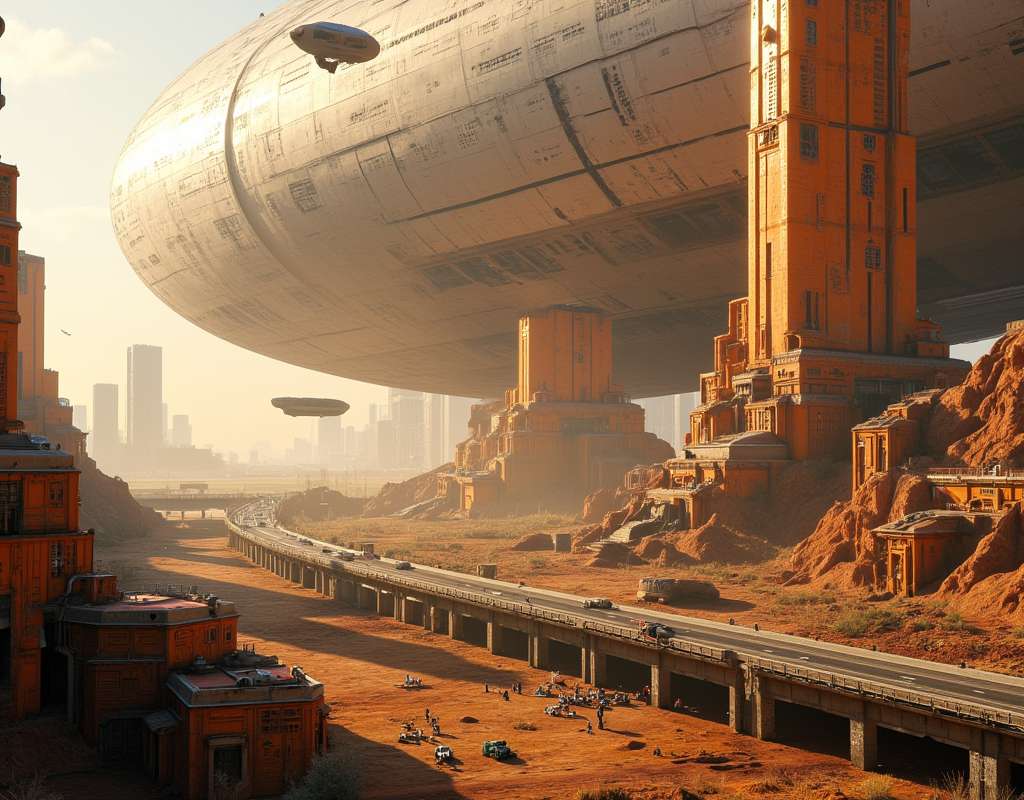 <lora:Space_Worlds_01__Poetic_fluxbeta4:1> sw01p_flux. photo. in a huge mothership, there is a cyberpunk city with high orange buildings. On the side of the mothership, some airships fly and are about to enter the city in the mothership. In the cyberpunk city in the huge mothership, there is also a highway and some roads with very tiny traffic.