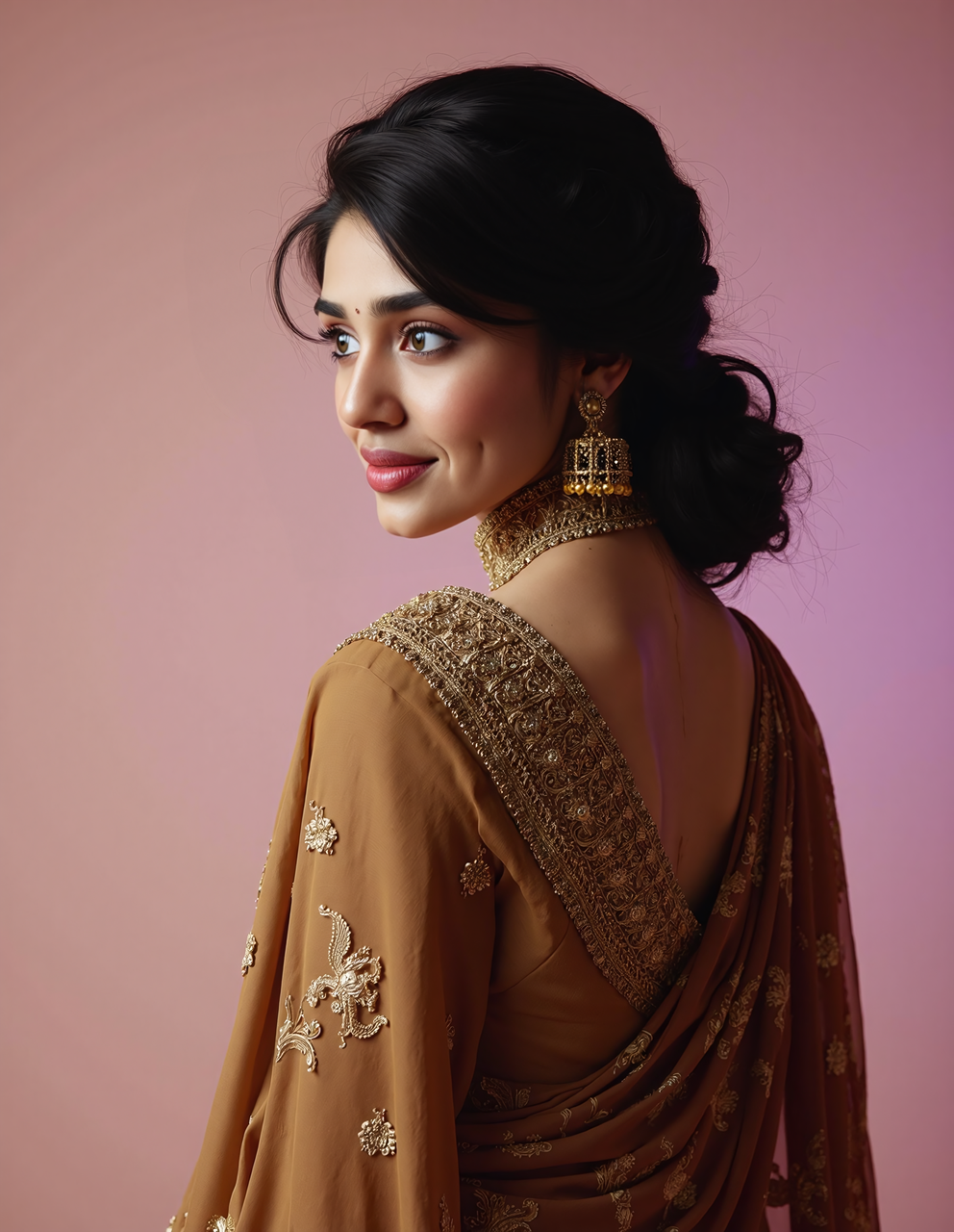 from behind,looking back photo of kr1t1 sh3tty woman, hyper realistic photo that is safe for work, shy smile, studio quality image with natural colors, well dressed wearing intricate turtleneck Brown Bomkai Saree (Odisha traditional saree), hair styled as  90s blowout,muted pastel shaded multicolored background that contrasts with the person, cinematic lighting,âââââ  <lora:kr1t1_sh3tty_Kriti_Shetty_Flux_Kohya_V1:1>âââ