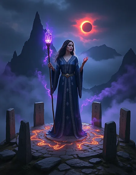 Imagine an image of an ancient sorceress, her midnight-blue robes embroidered with intricate silver arcane sigils, standing in the center of a moonlit stone circle atop a mist-covered mountain peak. Her raven-black hair, streaked with strands of silver, flows unnaturally as though caught in an invisible current. She holds a gnarled staff crowned with a glowing sapphire crystal, its eerie light casting elongated shadows across the carved standing stones encircling her. The air is thick with swirling violet mist, tendrils of glowing magical energy coiling around her fingertips as she chants an incantation. The clouds part above, revealing a blood-red eclipse, illuminating the ritual site with an otherworldly glow. Behind her, ancient runes carved into the stone pulse faintly, their deep grooves filled with molten gold. The style is dark fantasy realism, with hyper-detailed lighting effects, soft ethereal mist, and arcane luminescence.