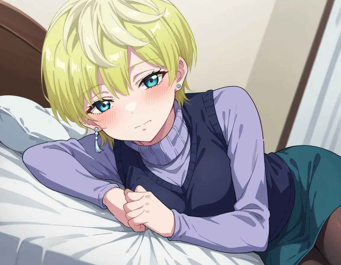 score_9, score_8_up, score_7_up, source_anime,
tenkaizumo, <lora:tenka-izumo-s1-ponyxl-lora-nochekaiser:1>
tenka izumo, short hair, blue eyes, blonde hair,
skirt, long sleeves, jewelry, pantyhose, earrings, vest, sweater, turtleneck, turtleneck sweater,
indoors, bed, bed room, on side, blush, drunk,
looking at viewer, cowboy shot, dutch angle, solo,