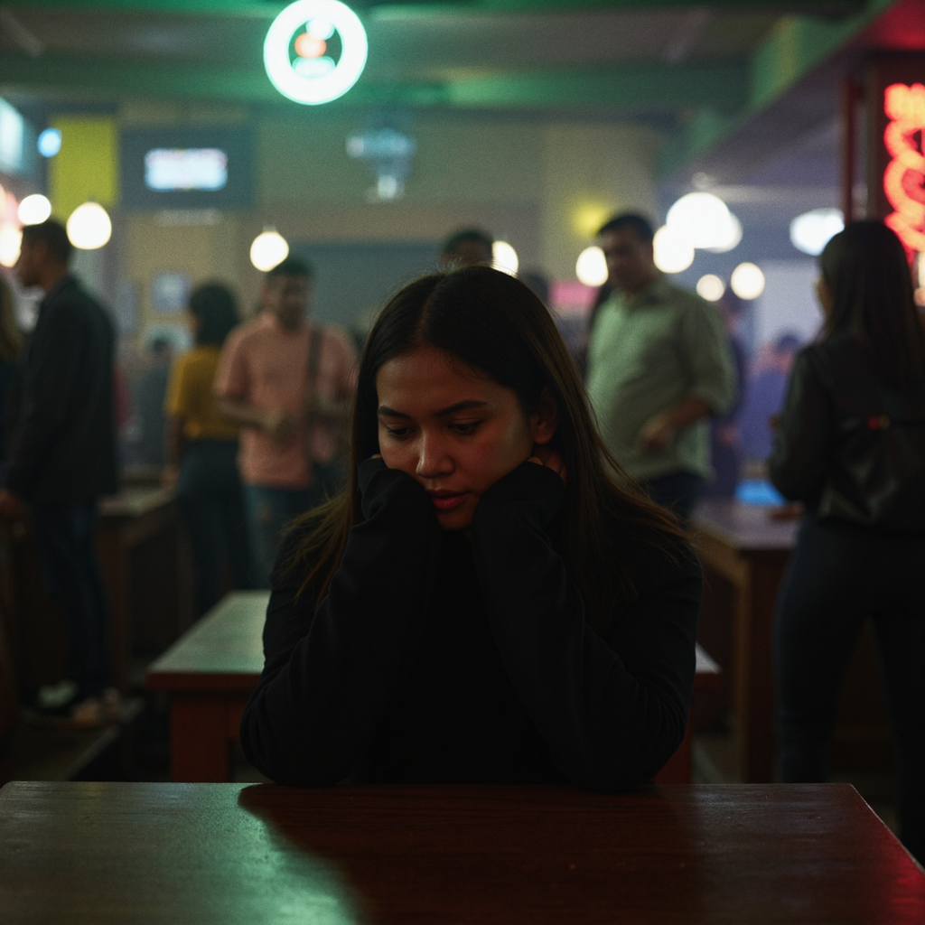 A cinematic and ultra-realistic image of a person sitting alone in a crowded room. The room is filled with people engaged in lively conversation, laughter, and interactions, but the person appears isolated, sitting quietly at a table or on a chair with a contemplative or melancholic expression. The lighting subtly highlights the individual's solitude amidst the surrounding activity, with a shallow depth of field that focuses on the person while the background is slightly blurred, emphasizing their feeling of being alone in a crowded space. The atmosphere conveys a sense of quiet introspection, solitude, and emotional isolation