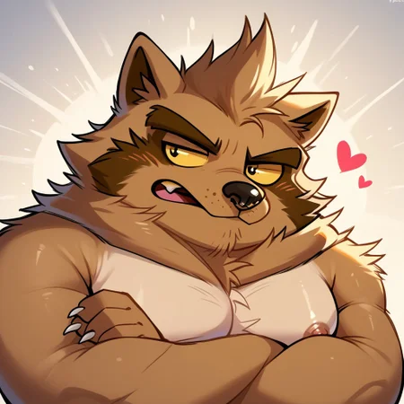 score_9, score_8_up, score_7_up, score_6_up, solo, 1boy, detail background, backlight, furry male, crossed arms, colored sclera, masculine, anthro raccoon, half open eyes, furry male, black eyes, claws, brown body/fur, fat, chubby, overweight, obese, moobs, large areolas, thick eyebrows, claws on feet, tail two tone, furry chest, pointed, furry ears, dark nose, wide snout, teeth view, thick tail, 3toes, Expressiveh, source_cartoon, dof, shirtless, upper body, apartment background, sexy pose, crossed arms, furry focus, legs out of frame