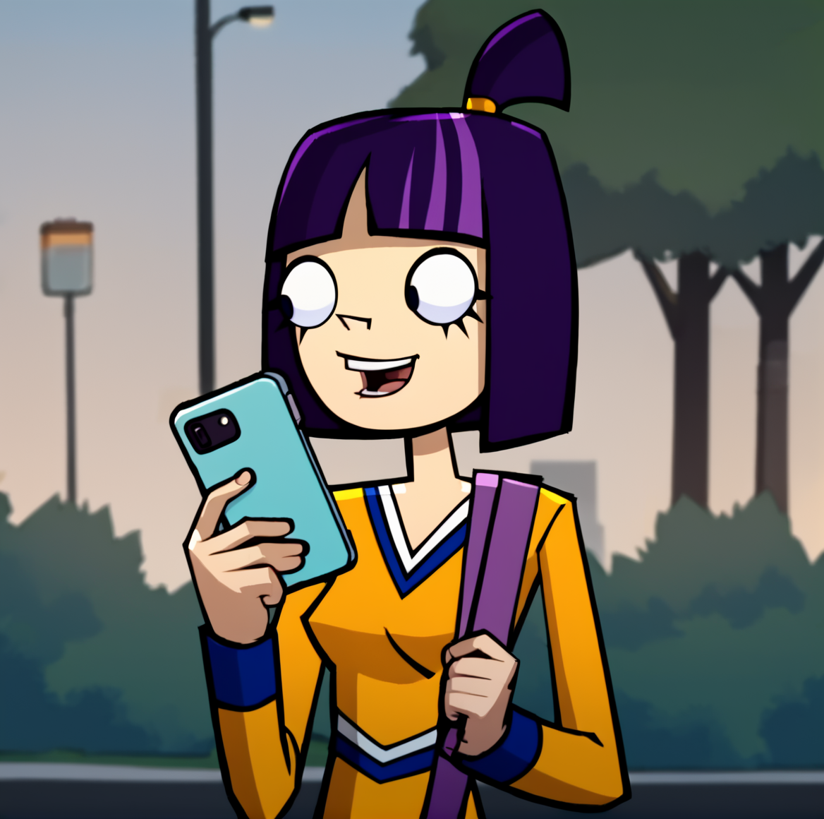 score_9, score_8_up, score_7_up, score_6_up, score_5_up, score_4_up, BREAK,  <lora:Theresa_Fowler:1>, 1girl, theresa fowler , solo, smile, open mouth, bangs, shirt, holding, upper body, outdoors, phone, bob cut, topknot, purple hair, top knot, blunt bangs, short hair