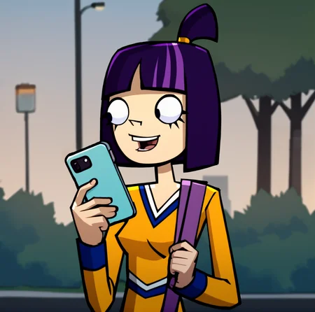 score_9, score_8_up, score_7_up, score_6_up, score_5_up, score_4_up, BREAK, <lora:Theresa_Fowler:1>, 1girl, theresa fowler , solo, smile, open mouth, bangs, shirt, holding, upper body, outdoors, phone, bob cut, topknot, purple hair, top knot, blunt bangs, short hair