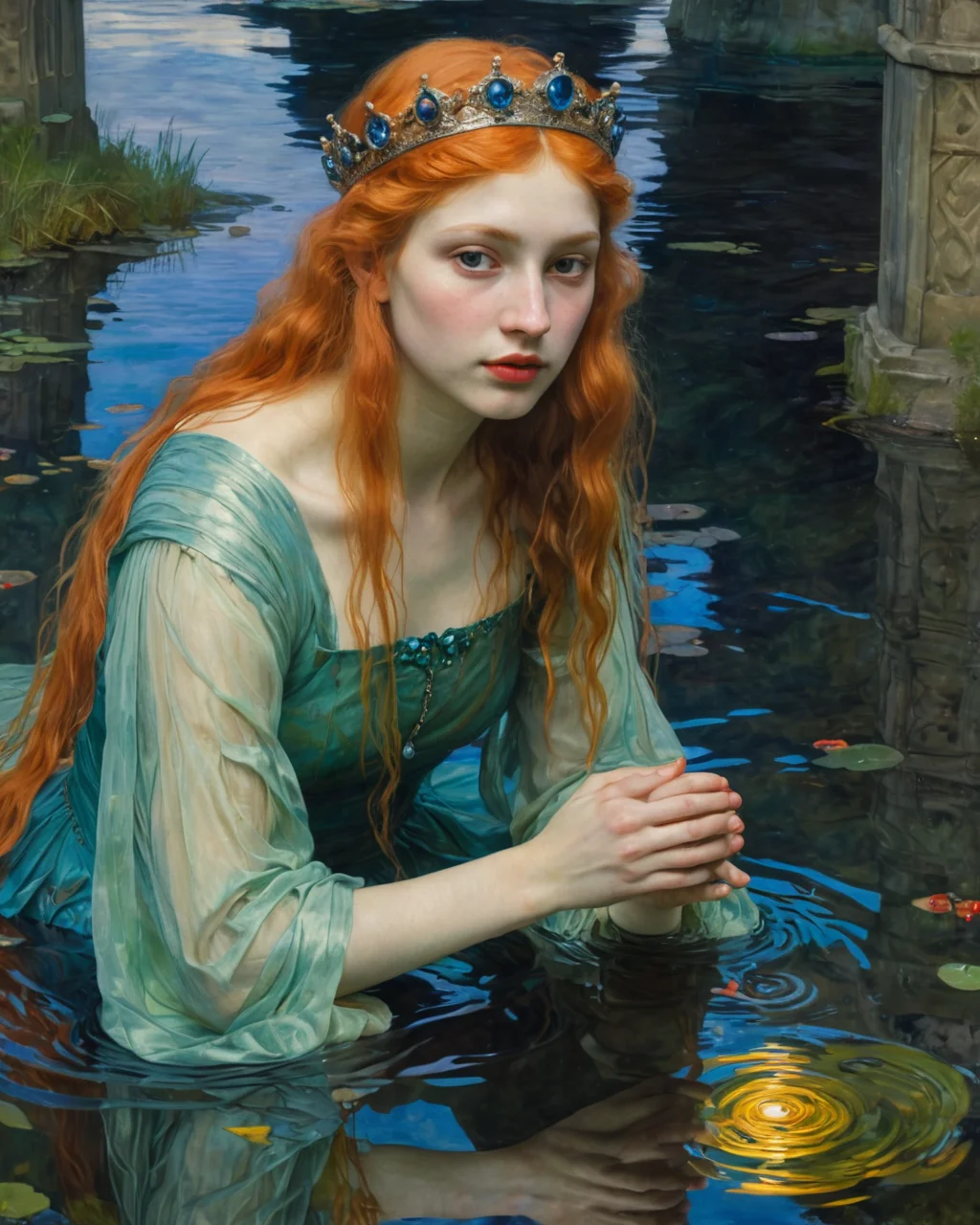 proud queen, water, reflections, transparency, slimy, vivid color, The Tower of Shadows, Edgar Maxence, neon, <lora:add-detail-xl:1>, <lora:xl_more_art-full_v1:0.8>