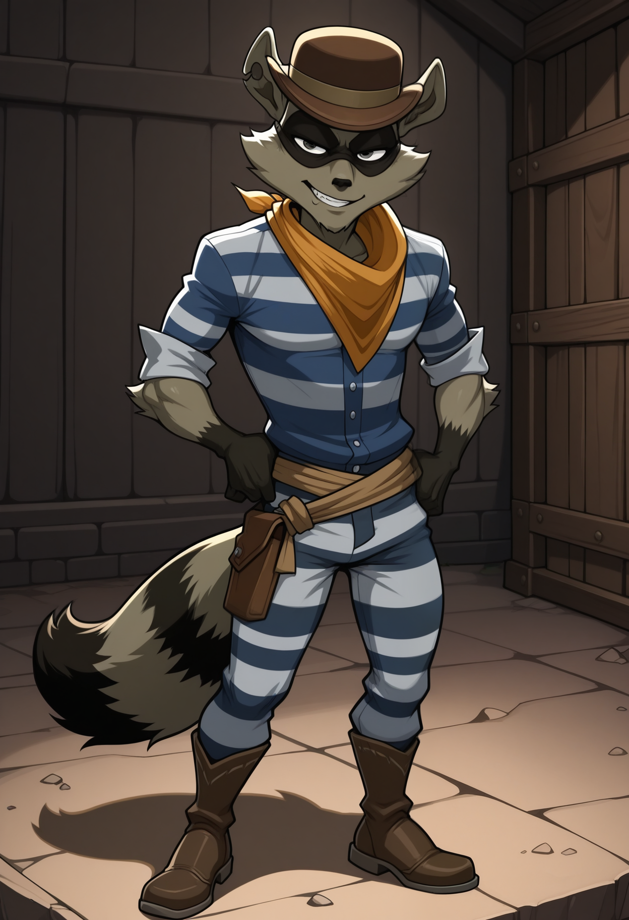 masterpiece,best quality,amazing quality, 1boy, solo, t3nn3ss33, raccoon male, mature furry, grey fur, grey eyes, raccoon tail, eye mask, cowboy hat, scarf, jail shirt, striped pants, jail boots, knot around waist, full body, smirking,