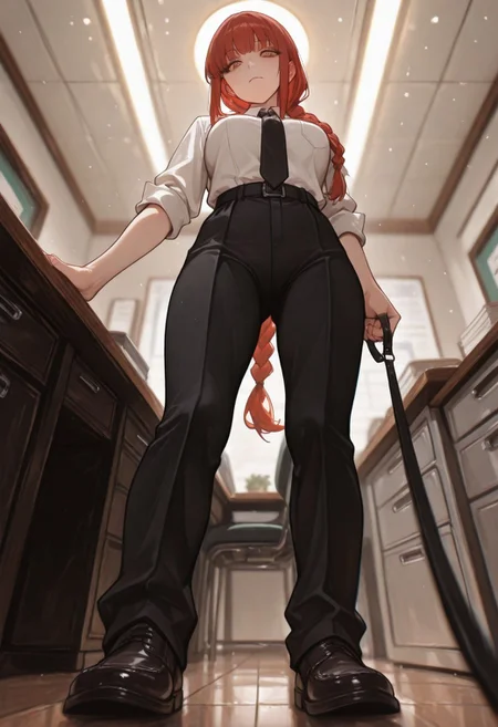 artist:Konya Karasue, masterpiece,amazing quality, 1girl, makima, red hair, braided ponytail, yellow ringed eyes,  collared shirt, necktie, viewer on leash, leash towards viewer, blurry forground, full body, indoors, office, desk, leaning against desk, from below, standing, looking down, 
artist:moriimee, perspective,