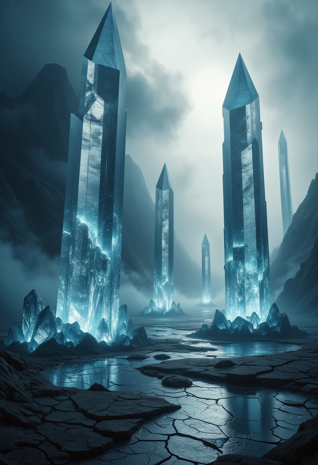 Eerie Crystalline Spires
Towering crystalline spires rise from a barren, mist-shrouded wasteland. Each spire radiates a faint, otherworldly glow, their jagged surfaces glistening like shards of ice. The ground is cracked and lifeless, with pools of dark, reflective liquid scattered throughout. The mist swirls with an unnatural energy, casting shifting shadows that suggest unseen movement. crystalz, ral-ertmsphr, ral-drath, aidmaMJ6.1