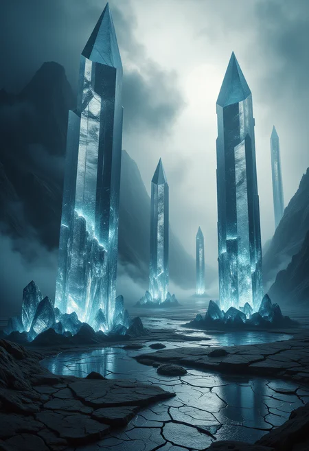 Eerie Crystalline Spires
Towering crystalline spires rise from a barren, mist-shrouded wasteland. Each spire radiates a faint, otherworldly glow, their jagged surfaces glistening like shards of ice. The ground is cracked and lifeless, with pools of dark, reflective liquid scattered throughout. The mist swirls with an unnatural energy, casting shifting shadows that suggest unseen movement. crystalz, ral-ertmsphr, ral-drath, aidmaMJ6.1