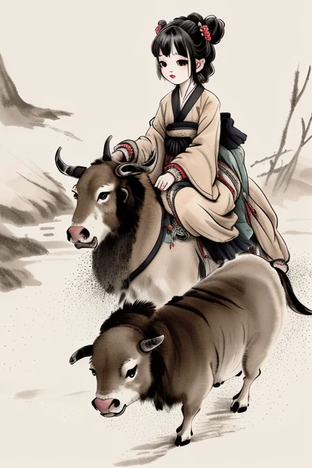<lora:Moxin_10:0.8>,Chinese traditional painting, ink style, willow, stream, buffalo, children, children riding on the back of a bull,wuchangshuo,wuchangshuo,bonian,zhenbanqiaobadashanren