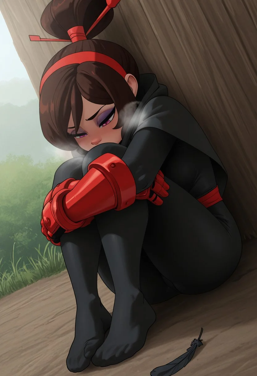 inkercomics, outdoors, undershirt, falling feathers, black bodysuit, hair stick, hugging own legs, , gauntlets, eyeshadow, red gloves, high ponytail, , black capelet, red hairband, pink eyes, 1girl, solo, feet, visible breath, dynamic angle, foreshortening, smell, steam,