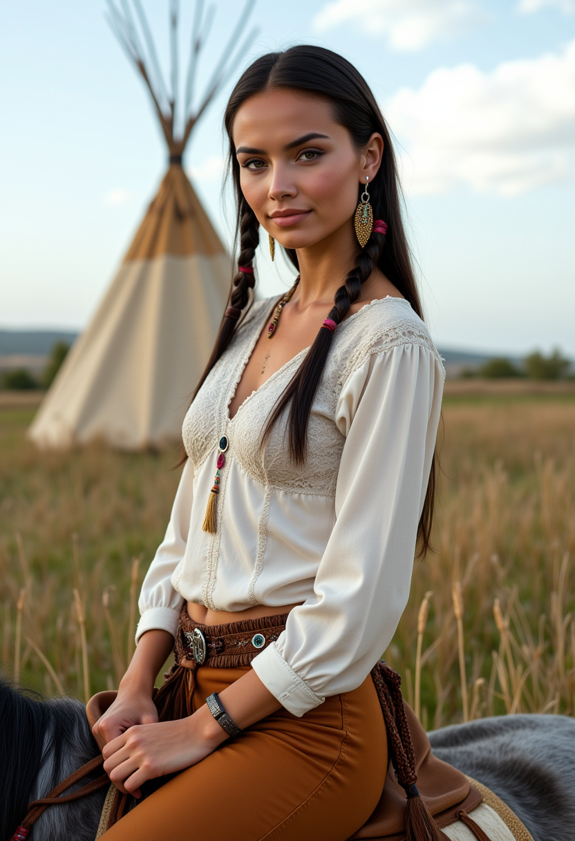 She is approximately 18 years old. Hyperrealism, she is looking at the camera, (dynamic angles), profile headshots of a beautiful, stunning unique female character.  she has braid dark hair. her eyes are filled with joy and excitement, extravagant eyelashes. a photo of Maid3n, she is wearing a white frilly shirt. and buckskin pants. The woman is posing confidently. a tipi and tall grass in the background. She has a slight smile on her face and is looking directly at the camera. making this image a masterpiece of photography and digital art. realistic. making this image a masterpiece of photography and digital art. Style: realistic hyper-detailed rendering, 32k UHD, expressive eyes, punk, graphic design, girl's face, pretty and cute, gleaming lips, telling a tale of adventure. Exuding confidence and serenity. The overall mood of the image is happy and relaxed,detailed skin texture,(blush:0.2),(goosebumps:0.3),subsurface scattering,whimsical,Detailed hand, Perfect hand. Perfection style. is posing on a grey horse. she is wearing brown leather boots. She is wearing a white shirt and brown buckskin pants. The scene is set outdoors, there is a tipi visible in the background. The photo is taken in a close-up shot, focusing on Maid3n legs and feet.. making this image a masterpiece of photography and digital art. realistic. making this image a masterpiece of photography and digital art. Style: realistic hyper-detailed rendering, 32k UHD, expressive eyes, punk, graphic design, girl's face, pretty and cute, gleaming lips, telling a tale of adventure. Exuding confidence and serenity. The overall mood of the image is happy and relaxed,detailed skin texture,(blush:0.2),(goosebumps:0.3),subsurface scattering,whimsical,Detailed hand, Perfect hand. Perfection style.