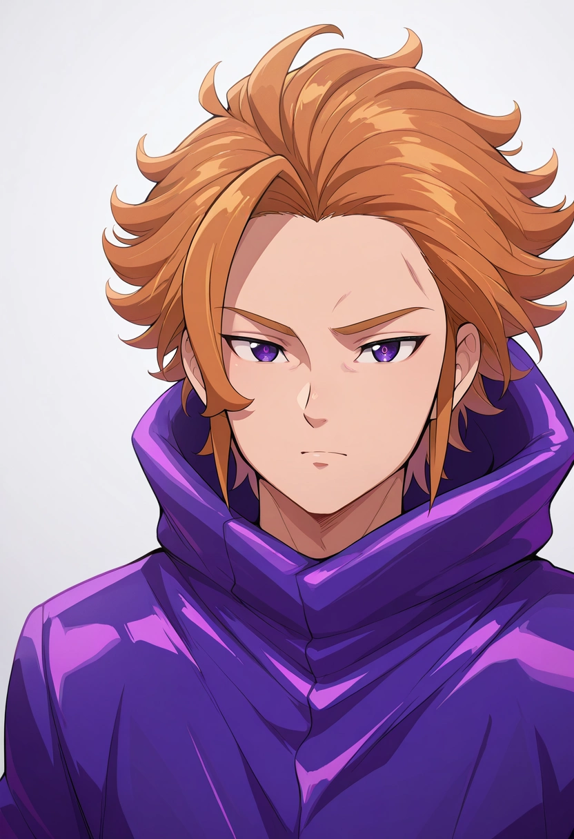 masterpiece, best quality, , , looking at viewer, 1boy, solo, male focus, <lora:arthur_pendragon_ilxl:0.98>, arthur_pendragon, orange hair, purple eyes, short hair, , psycho costume