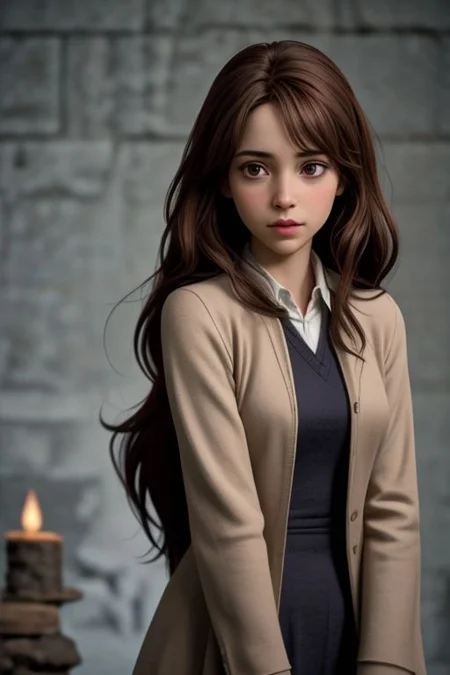 Hermione Granger is one of the main characters in the Harry Potter series of books. It is presented in the form of the Hogwarts School of Witchcraft and Wizardry. She has brown hair and brown eyes. She looks away with a thoughtful expression on her face.