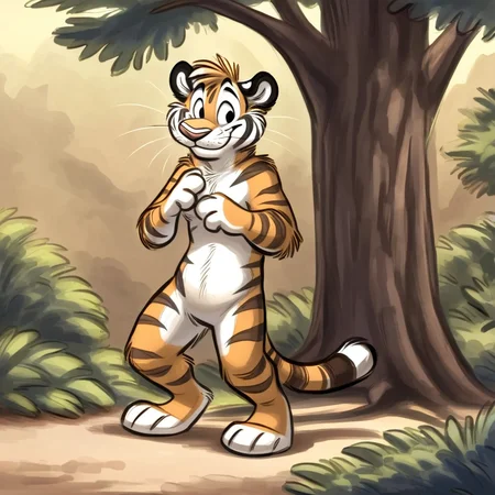 mammal, solo, anthro, felid, feline, fur, standing, smile, featureless crotch, stripes, male, pantherine, white body, white fur, toes, head tuft, whiskers, striped body, striped fur, biped, pink nose, teeth, looking aside, tiger, markings, nude, striped tail, brown body, striped markings, multicolored fur, brown fur, tuft, multicolored body, 4 toes, tan body, orange fur, tan fur, orange body, ambiguous gender, facial tuft, cheek tuft, toony, shadow, hi res, 4 fingers, 3 toes, detailed background, outdoors, plant, tree, digital media (artwork), <lora:kb0g_1.0Pony:1> <lora:Pony_QualityV4.0:1>