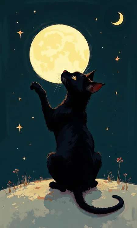 A digital illustration features a black cat sitting on a stylized, slightly textured, light-gray surface that resembles water or ground. The cat is positioned in profile view, its back slightly arched, paw outstretched as if reaching for the moon.
The moon, positioned prominently above and slightly to the left of the cat, is a large, luminous yellow-white circle. Stars of varying sizes are scattered across the dark night sky, which is a deep indigo or navy blue. A faint crescent moon is visible in the upper right quadrant of the image near the top.
The cat's silhouette is detailed, but the shading and coloring create depth and dimension. The artistic style suggests a hand-drawn quality, with soft, subtle highlights and textures. The overall impression is evocative of a peaceful and dreamlike night scene.
<lora:FLUX-daubrez-DB4RZ-v2:1> DB4RZ, DB4RZ style painting