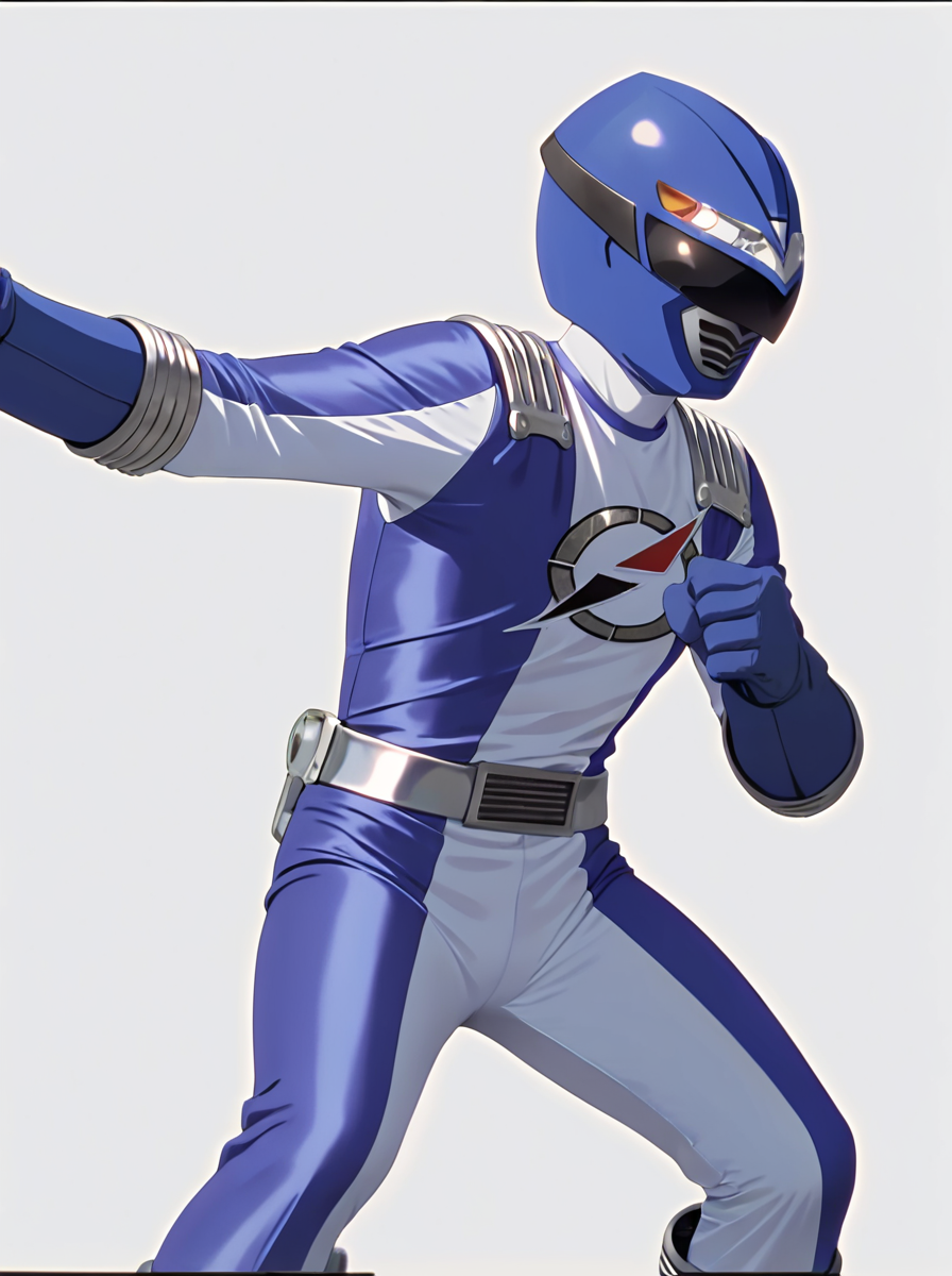 masterpiece, best quality, amazing quality, very aesthetic, absurdres, newest, anime screenshot,  anime coloring,  uncensored <lora:GoGo_Sentai_Boukenger_CharacterPack:1>bokenblue, robot, solo, bokblu helmet, bokblu bodysuit, bokblu belt, bokblu gloves,,, solo, tokusatsu,  simple background,, simple background,  white background, fighting stance,  1girl