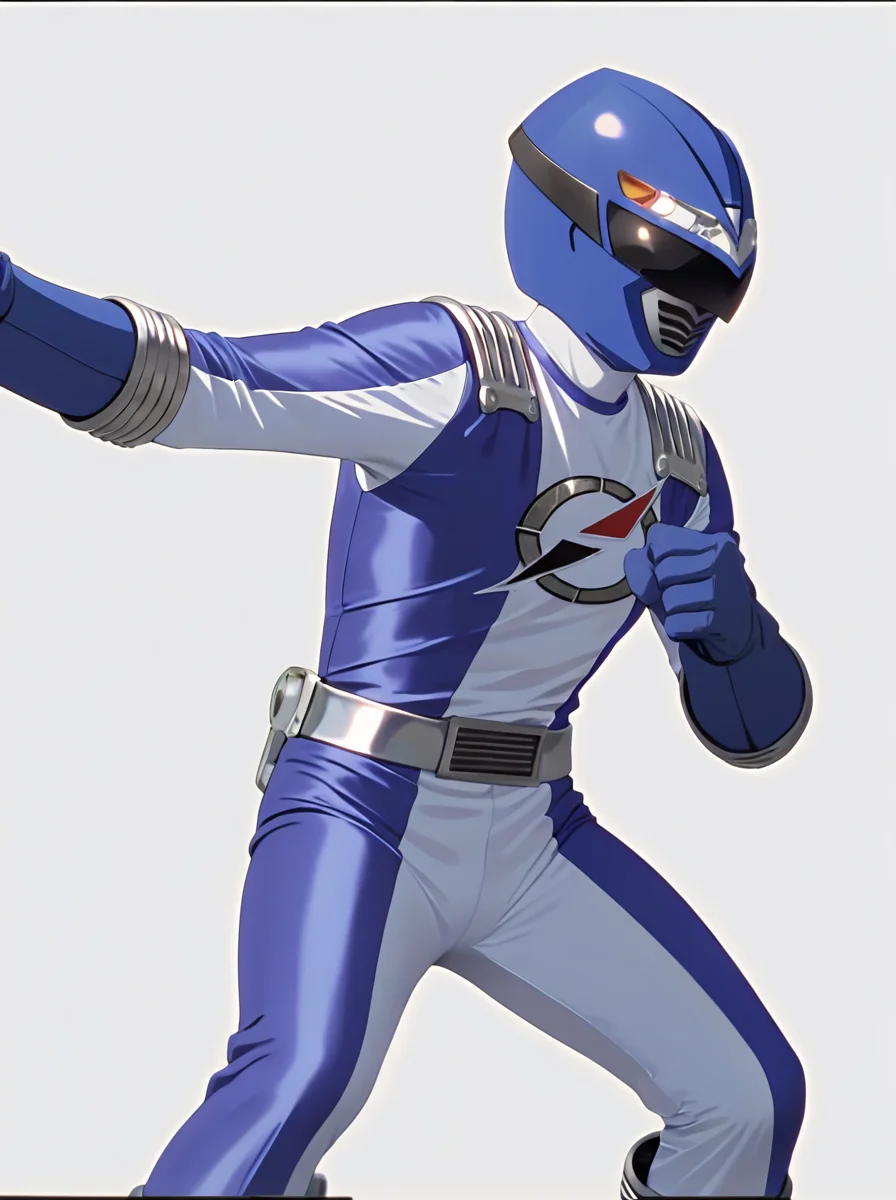 masterpiece, best quality, amazing quality, very aesthetic, absurdres, newest, anime screenshot, anime coloring, uncensored <lora:GoGo_Sentai_Boukenger_CharacterPack:1>bokenblue, robot, solo, bokblu helmet, bokblu bodysuit, bokblu belt, bokblu gloves,,, solo, tokusatsu, simple background,, simple background, white background, fighting stance, 1girl