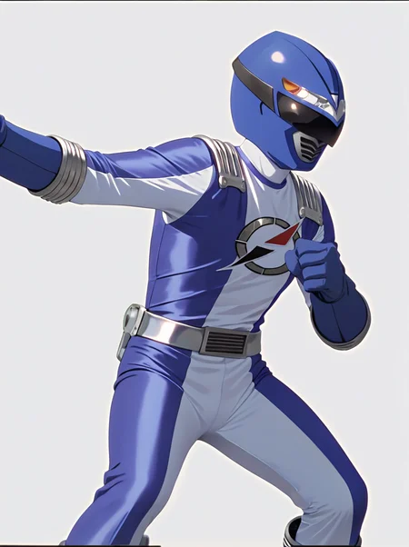 masterpiece, best quality, amazing quality, very aesthetic, absurdres, newest, anime screenshot, anime coloring, uncensored <lora:GoGo_Sentai_Boukenger_CharacterPack:1>bokenblue, robot, solo, bokblu helmet, bokblu bodysuit, bokblu belt, bokblu gloves,,, solo, tokusatsu, simple background,, simple background, white background, fighting stance, 1girl