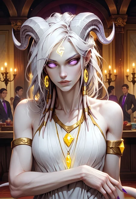(absurdres, best quality, masterpiece:1.4), score_9, score_8_up, score_7_up, score_6_up, detailed, detailed body, detailed face, world of warcraft, fantasy, <lora:add-detail-xl:1.5>,
fFaceDetail, (female, draenei, h0rns, ram horns, white horns, tall, athletic arms, pale white skin, long white hair, purple eyes, no pupils, no sclera, long white tail, long fingers, purple fingernail polish), 
(long loose white dress, sleeveless, tail under dress, simple armlet, small yellow gem pendant, small yellow gem earrings),
upper body, front view, looking at viewer, 
depth of field, indoors, ballroom, (crowds in background, fantasy clothing, human, varied clothing)