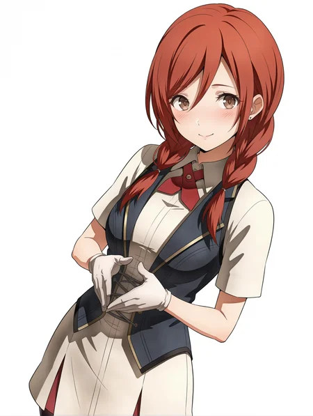 masterpiece,best quality,newest,
1girl,solo,
<lora:t_hibari_b_ilxl_v1.1:1>,t_h_b,red hair,twin braids,brown eyes,
h_clothes,red ascot,white gloves,black vest,white skirt,black_pantyhose,
<lora:Fixhands_anime_bdsqlsz_V1:1>,standing,light_blush,looking_at_viewer,dynamic_angle,cinematic_angle,white_background,simple_background,steepled fingers,cowboy_shot,upper_body,giggling,from_above,