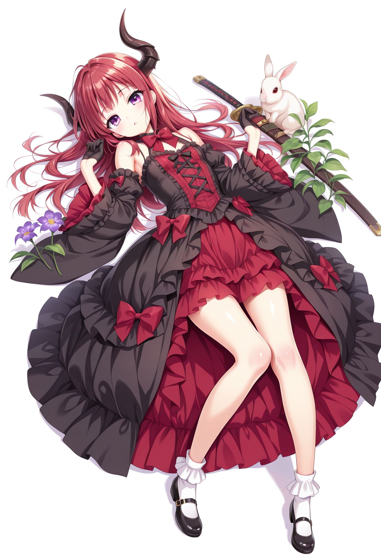 <lora:youta_style_v1b_IL:0.8> youta_style, 1girl, solo, long hair, looking at viewer, bangs, gloves, long sleeves, white background, dress, bow, bare shoulders, purple eyes, full body, weapon, flower, red hair, lying, frills, parted lips, detached sleeves, horns, shoes, black gloves, socks, sword, wide sleeves, bowtie, black footwear, black dress, red bow, animal, red dress, plant, white socks, red bowtie, rabbit, purple flower, half gloves