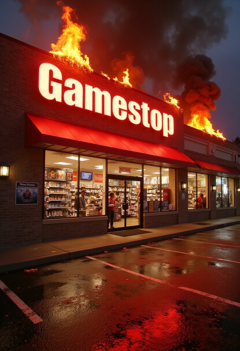Gamestop, on fire, burning, smoldering, smoke, ashes, death, corpses, skeletons