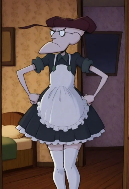 masterpiece, best quality, 1boy, Eustace, Bagge, hat, glasses, grumpy expression, black maid dress, white apron, white thighhighs, hands on hips, fancy bedroom background, detailed background