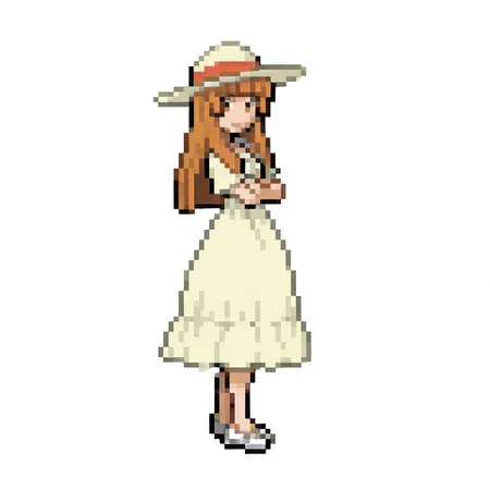 1girl, 
orange hair, blunt bangs, hime cut, long hair, brown eyes, sun hat, dress, crossed arms