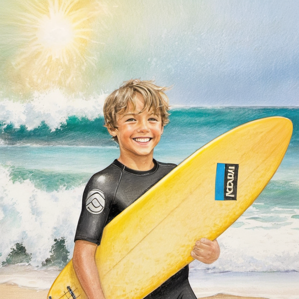 traditional media,((best quality))), ((masterpiece)),1boy, handsome, Surfer, Hawaiian coast, strong man, wetsuit, surfboard, waves, sun, sea spray, beach, vibrant colors