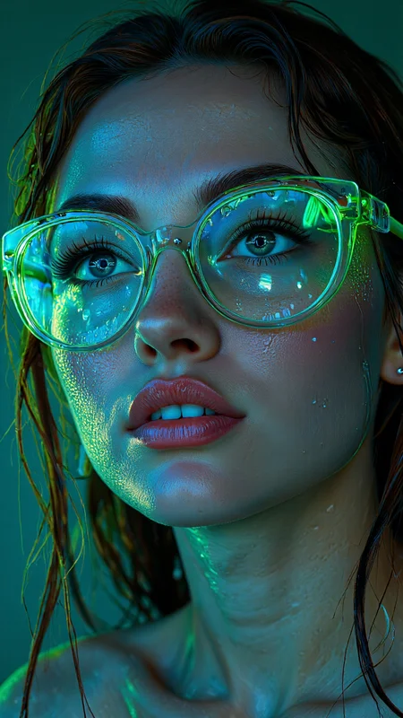 hyper-realistic digital illustration featuring a close-up of a woman's face. The subject is a young woman with pale skin and wet, dark brown hair that clings to her face and neck. Her eyes are wide open, gazing intently into the distance with a hint of mystery. She wears oversized, clear plastic glasses that reflect vivid neon green light, which illuminates her face and adds a surreal, almost otherworldly effect. The glasses are slightly misted, giving them a glossy texture.The woman's skin is wet, with water droplets glistening under the neon light, enhancing the sense of moisture and freshness. Her lips are full and slightly parted, contributing to the overall enigmatic expression. The background is a dark, shadowy blue-green, which contrasts sharply with the bright green light from the glasses, creating a striking visual contrast.The overall style of the illustration is highly detailed and realistic, with a focus on light and shadow to create depth and a sense of three-dimensionality. The use of neon green light adds a futuristic and almost dreamlike quality to the image, making it both captivating and surreal.,aidmaimageupgrader, aidmaMJ6.1 <lora:aidmaMJ6.1-FLUX-v0.5:0.7> <lora:aidmaImageUprader-FLUX-v0.3:0.4> <lora:merged_lora:1>