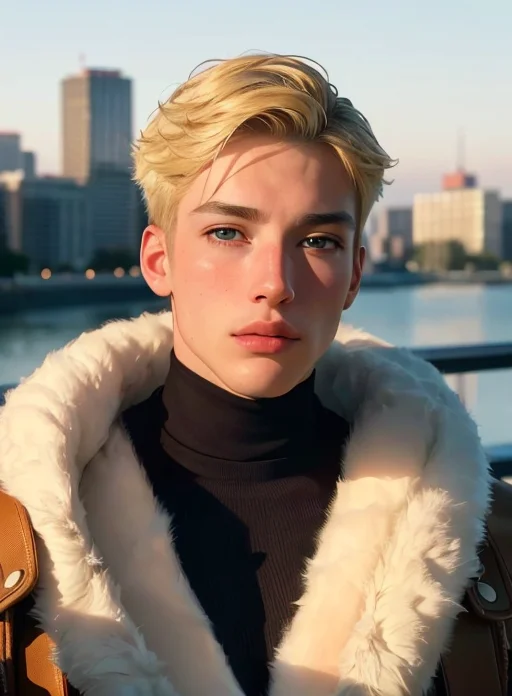 (8k, RAW photo, best quality, masterpiece:1), (realistic, photo-realistic:1), ultra-detailed, (high detailed skin:1), 8k uhd, dslr, soft lighting, high quality, film grain, blondboy, brutal men person, bottom view, low camera, chin up, looks into viewer, cityscape background <lora:PrettyBoy:0.1> <lora:BLONDBOY:1> <lora:samdoesartsSamYang_offsetRightFilesize:0.5>