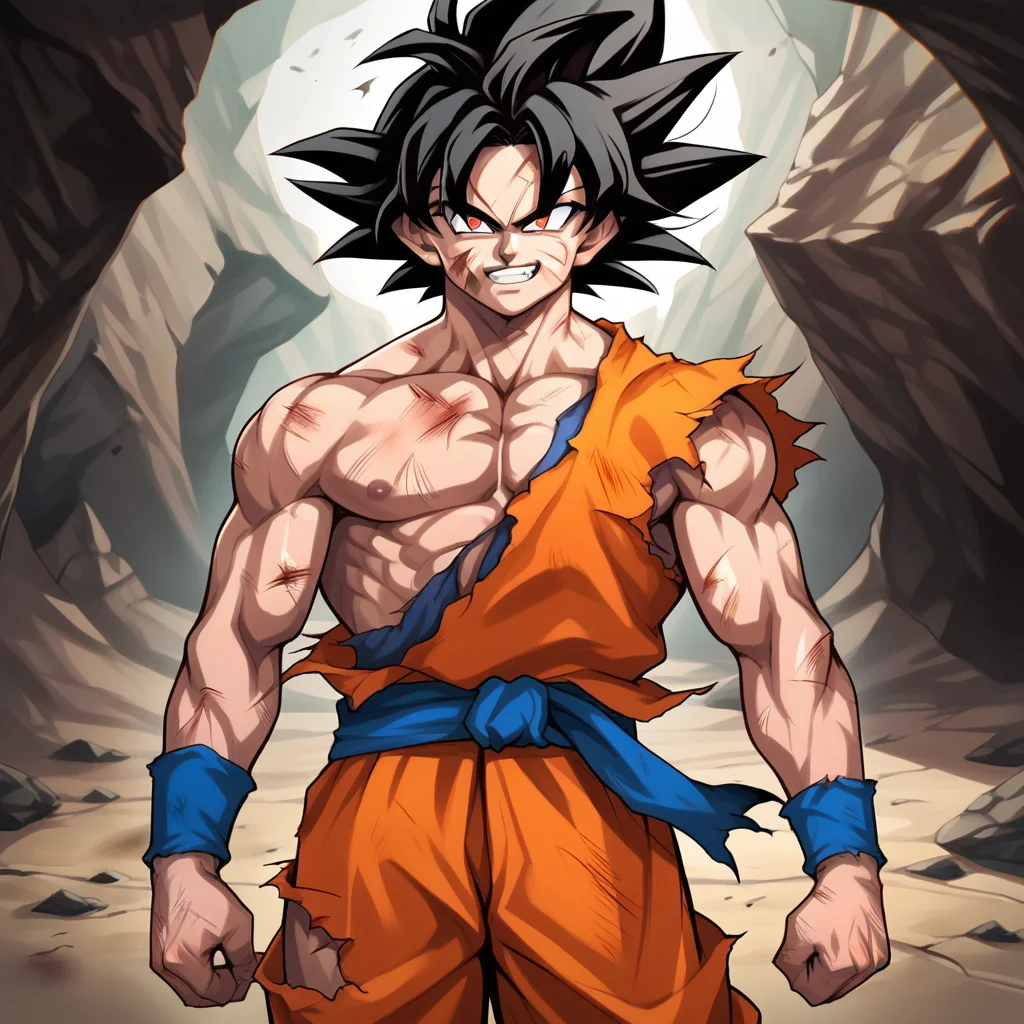 score_9,score_8_up,score_7_up,score_6_up,source_anime,rating_safe,1boy, solo, standing, grin, smirk, canyon, Goku, orange gi, <lora:Battle_Damage:0.8> battledamage, cuts, bruises, damaged, zPDXL2,
