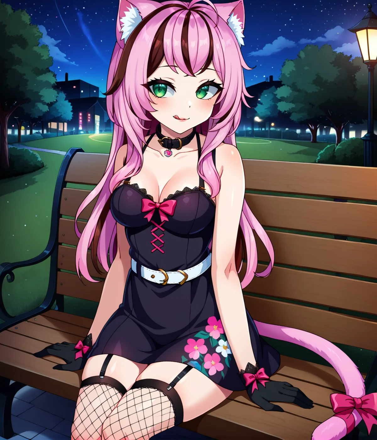 kiwi, 1girl, solo, long_hair, gloves, ribbon, animal_ears, green_eyes, standing, pink_hair, multicolored_hair, cat_ears,  collar, floral_print, black_skirt, streaked_hair, thigh_strap, pink_ribbon, belt_collar, black clothing tail, tail ribbon, black lace gloves, fishnet thighhighs, multiple belts,
outdoors, park, night, sitting, bench, licking lips, food on face,
<lora:Kiwi-ponyxl:0.8>,, source_anime, <lora:Real_Anime_v2:0.2>,  <lora:mfcgXL:0.2>,