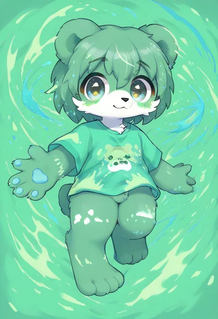 score_9, score_8_up, male, solo, full body, digital art, highly detailed, zPDXL2, zPDXLpg, zPDXL, bear, green shirt, big eyes, large pupil, look at viewer, furry, kemono, cute, anthro, zavy-splsh, paint splash, green paint splash, dreamful background