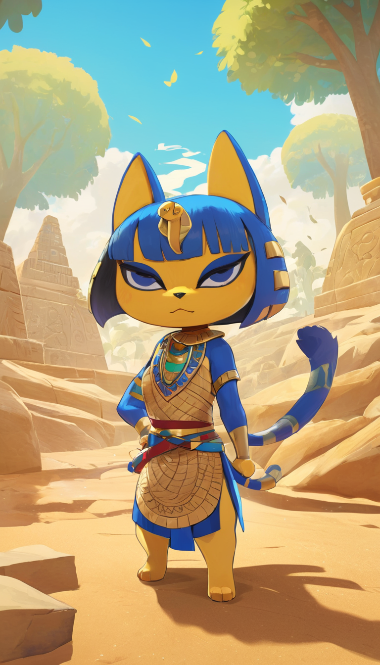 concept art  Cinematic scene, hero view, Ankha, Animal Crossing <lora:ankha_v0.0.1:1>, action pose, nature, detailed background, masterpiece, best quality, high quality, absurdres . digital artwork, illustrative, painterly, matte painting, highly detailed